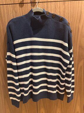 LOFT Striped Shoulder Button Mock Neck Sweater